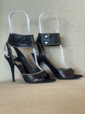 Guess by Marciano Black Peep-Toe Stiletto Sandals with Zip-Trim Ankle Cuff